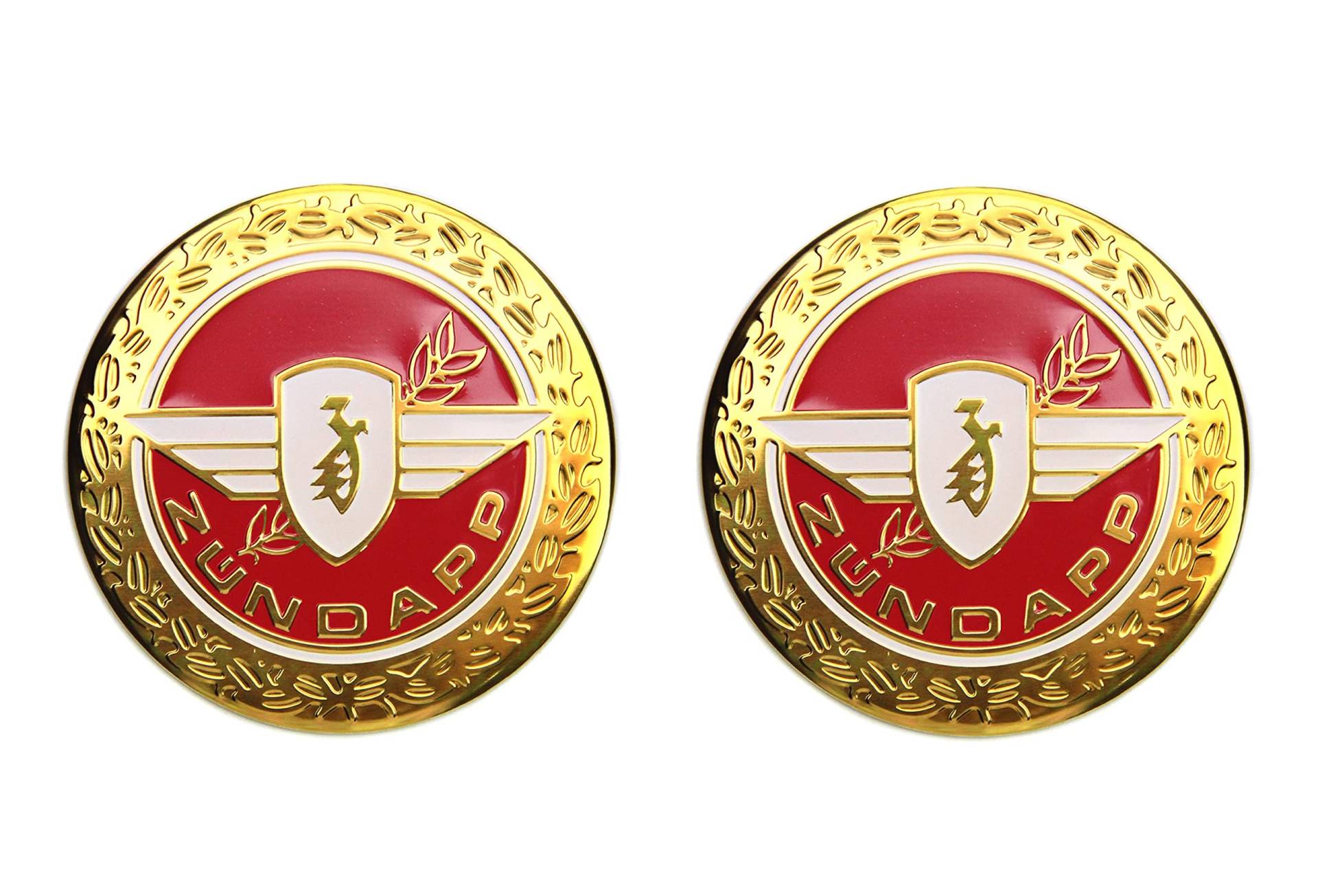 Set Zündapp Emblem Motiv Lorbeer für Tank rot/gold Durchmesser 65 mm rund 3D-Optik von BISOMO