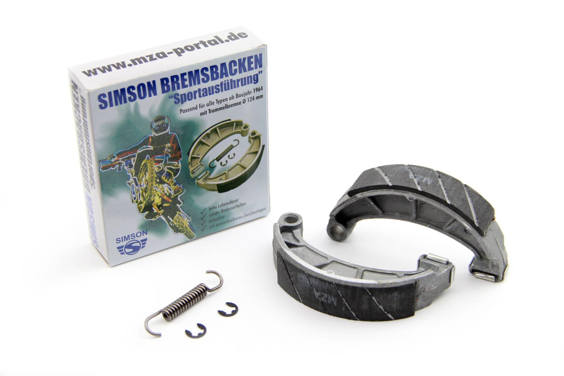 Sport Bremsbacken Durchmesser 124mm, auswechselbare Zwischenlage, Bremsbacken Feder und Sicherungsscheiben für Simson inklusive Bisomo-Sticker von BISOMO