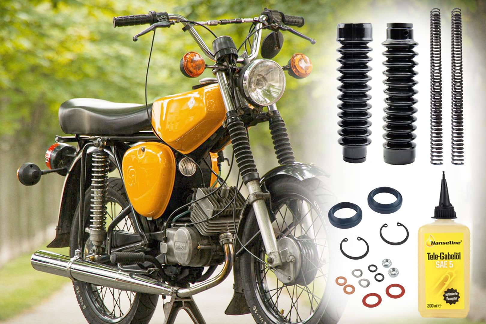 Telegabel Reparaturset 2x Druckfeder extra verstärkt 3,5mm 2x Faltenbalg Öl Simmerringe Normteile Simson S50 S51 S70 S53 S83, 19-teilig Telegabel Reparaturset 2x Druckfeder extra verstärkt 3,5mm 2x Faltenbalg Öl Simmerringe Normteile Simson S50 S51 S70 S53 S83, 19-teilig von BISOMO