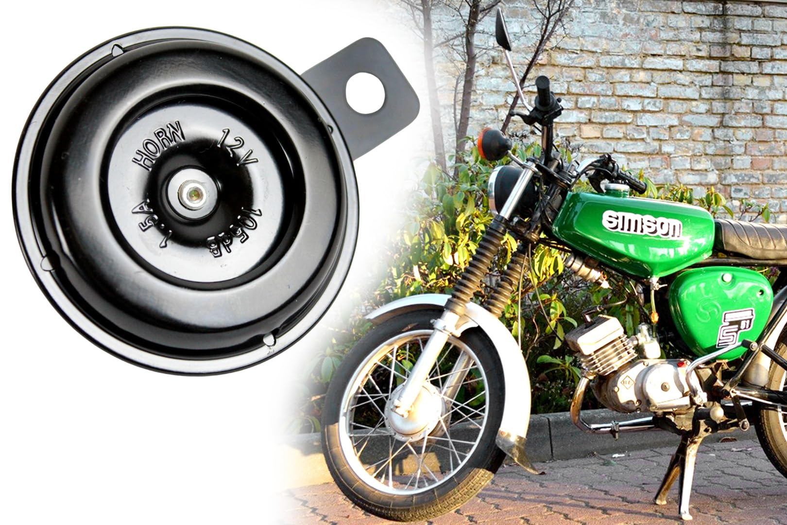 Universal Hupe Horn Signalhorn 12V 1,5A DC Ø 65mm Lautstärke 105dB, schwarz, für Retro Roller, Moped, Quad, Motorrad, Simson (1) von BISOMO