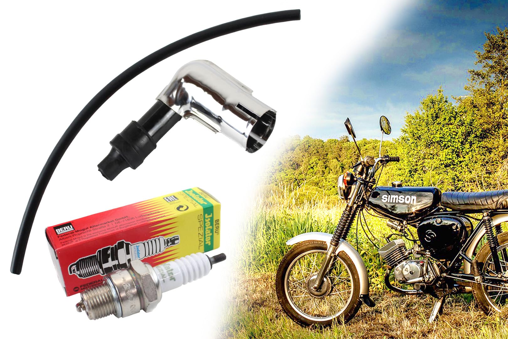 Zündungs-Set, 3-teilig mit Zündkerze Isolator M14 260 + Zündkerzenstecker 5 K-Ohm, 90° + 25cm Zündkabel für Simson S50 S51 S70 SR50 SR80 KR51 SR4-2 SR4-3 SR4-4 Zündungs-Set, 3-teilig mit Zündkerze Isolator M14 260 + Zündkerzenstecker 5 K-Ohm, 90° + 25cm Zündkabel für Simson S50 S51 S70 SR50 SR80 KR51 SR4-2 SR4-3 SR4-4 von BISOMO