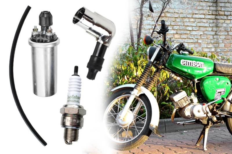 Zündungs-Set, 4-teilig 6V Zündspule + Zündkerze Beru M14 260 + Zündkerzenstecker 5 K-Ohm, 90° + 25cm Zündkabel für Simson S50 S51 S70 SR50 SR80 KR51 SR4 von BISOMO