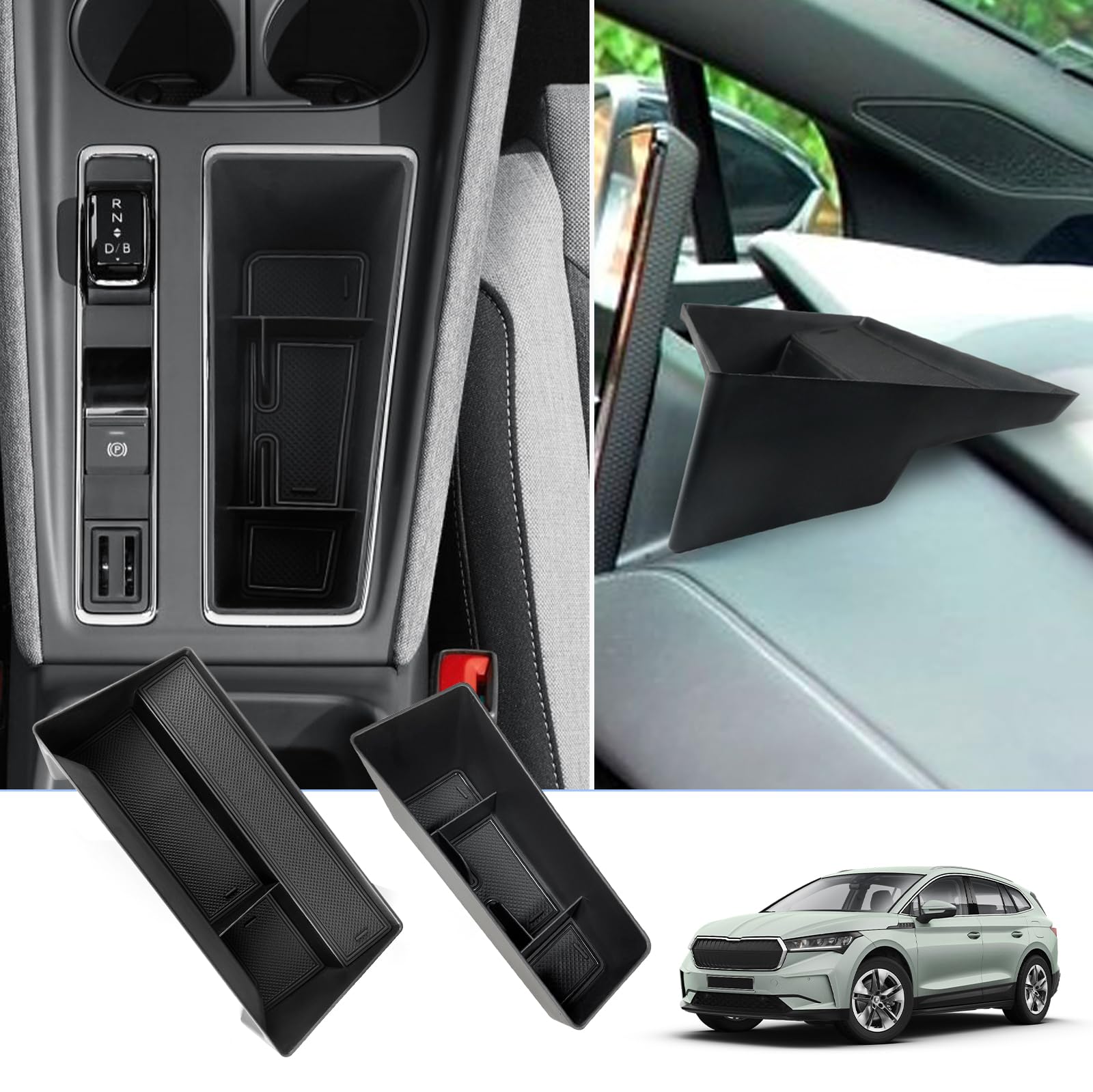 BIXUAN [2 Stück] Enyaq iV kompatibel mit Skoda Enyaq iV 2021 2022 2023 2024 Mittelkonsole Aufbewahrungsbox Rutschfester Matte Ablagefach Zubehör Armlehne Organizer Tray Mittelarmlehne Handschuhfach von BIXUAN