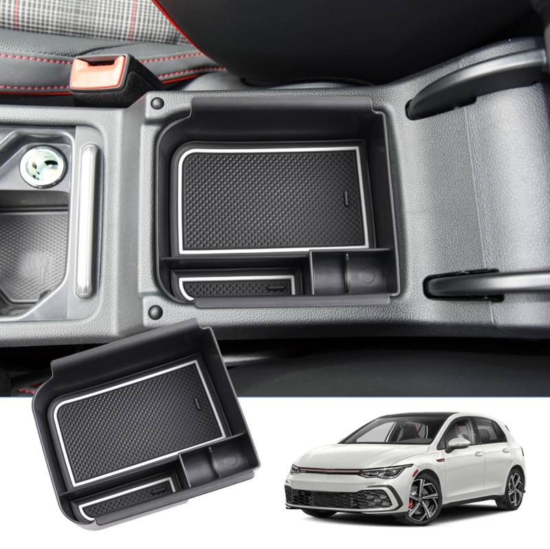 BIXUAN Golf MK8 2024 kompatibel mit VW Golf 8 2020-2024 2025 Mittelkonsole Aufbewahrungsbox mit Golf8 Rutschfester Matte Ablagefach Zubehör Armlehne Organizer Tray Mittelarmlehne Handschuhfach von BIXUAN
