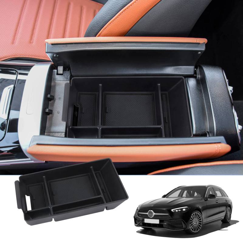 BIXUAN W206 kompatibel mit Mercedes Benz C-Klasse W206 2021-2023 2024 2025 Mittelkonsole Aufbewahrungsbox mit Rutschfester Matte Ablagefach Zubehör Armlehne Organizer Tray Mittelarmlehne Handschuhfach von BIXUAN