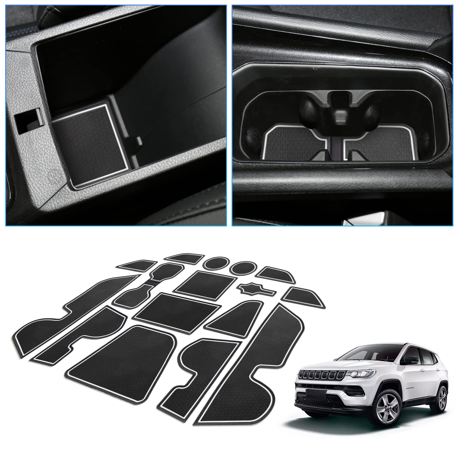 BIXUAN Compass 2024 kompatibel mit Jeep Compass 2021-2023 2024 Auto Mittelkonsole Türschlitz rutschfest Antirutschmatten Anti-Staub Becherhalter Gummi Matte Armlehne Aufbewahrung Zubehör[16 Stück] von BIXUAN