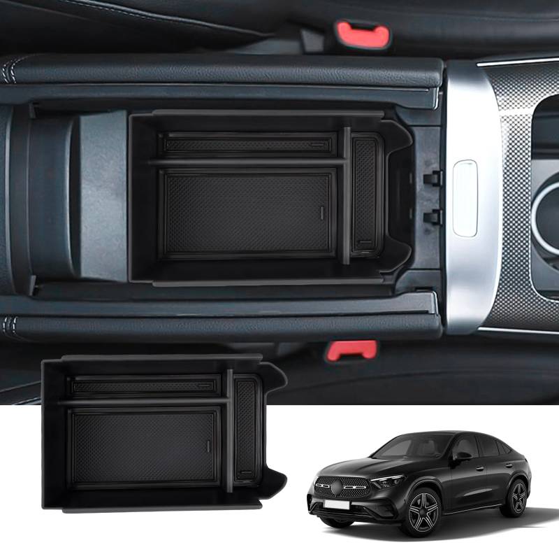 BIXUAN kompatibel mit Mercedes Benz GLC X254 2023 Mittelkonsole Aufbewahrungsbox mit Rutschfester Matte Ablagefach zubehör,Armlehne Organizer Tray Mittelarmlehne Handschuhfach Schwarz von BIXUAN