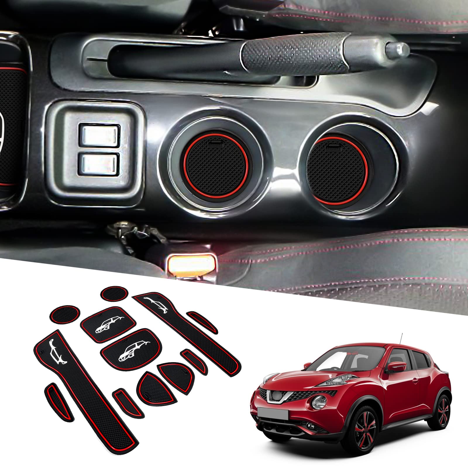 BIXUAN kompatibel mit Nissan Juke F15 2010-2019 Antirutschmatten Mittelkonsole Armlehne Gummimatten,Getränkehalter Matte, rutschfeste Türnaht Matten Türschlitzmatte Rot von BIXUAN