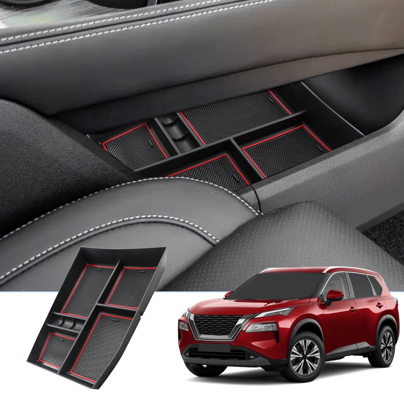 BIXUAN kompatibel mit Nissan X-Trail T33 2022-2023 Mittelkonsole Aufbewahrungsbox mit Rutschfester Matte Ablagefach zubehör,Armlehne Organizer Tray Mittelarmlehne Handschuhfach Rot von BIXUAN