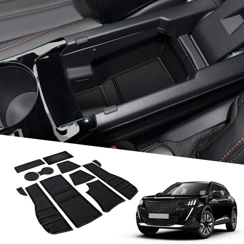 BIXUAN kompatibel mit Peugeot 2008 e-2008 P24 2020-2023 2024 2025 Antirutschmatten Mittelkonsole Armlehne Gummimatten,Getränkehalter Matte rutschfeste Türnaht Matten 12 Stück Türschlitzmatte Schwarz von BIXUAN