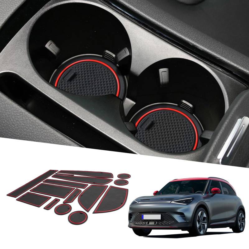 BIXUAN Smart1 kompatibel mit Mercedes Benz Smart 1 2023 2024 2025 Antirutschmatten Mittelkonsole Armlehne Gummimatten Smart #1 EV Electric Getränkehalter Matte rutschfeste Türnaht Matten 15 Stück Rot von BIXUAN