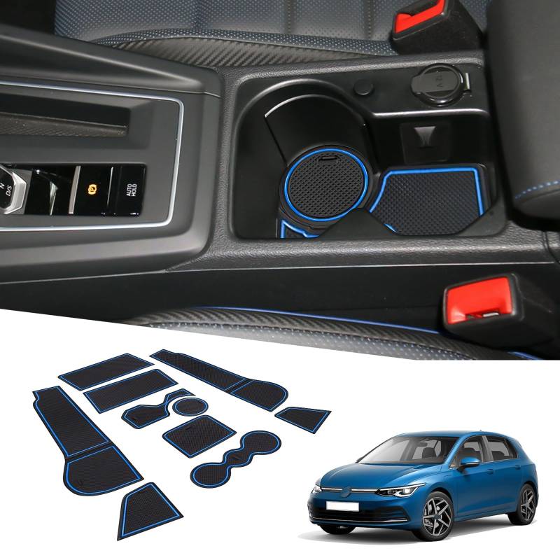 BIXUAN kompatibel mit VW Golf 8 Mk8 2020-2023 Antirutschmatten Mittelkonsole Armlehne Gummimatten,Getränkehalter Matte, Bedienungslanze rutschfeste Türnaht 10 Matten Blau von BIXUAN