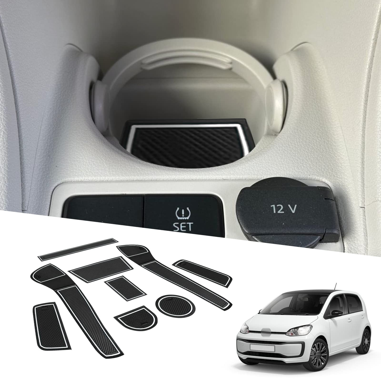 BIXUAN kompatibel mit VW UP SEAT MII Skoda Citigo 2013-2023 Antirutschmatten Mittelkonsole Armlehne Gummimatten,Getränkehalter Matte,rutschfeste Türnaht Matten Türschlitzmatte 9 Stück von BIXUAN