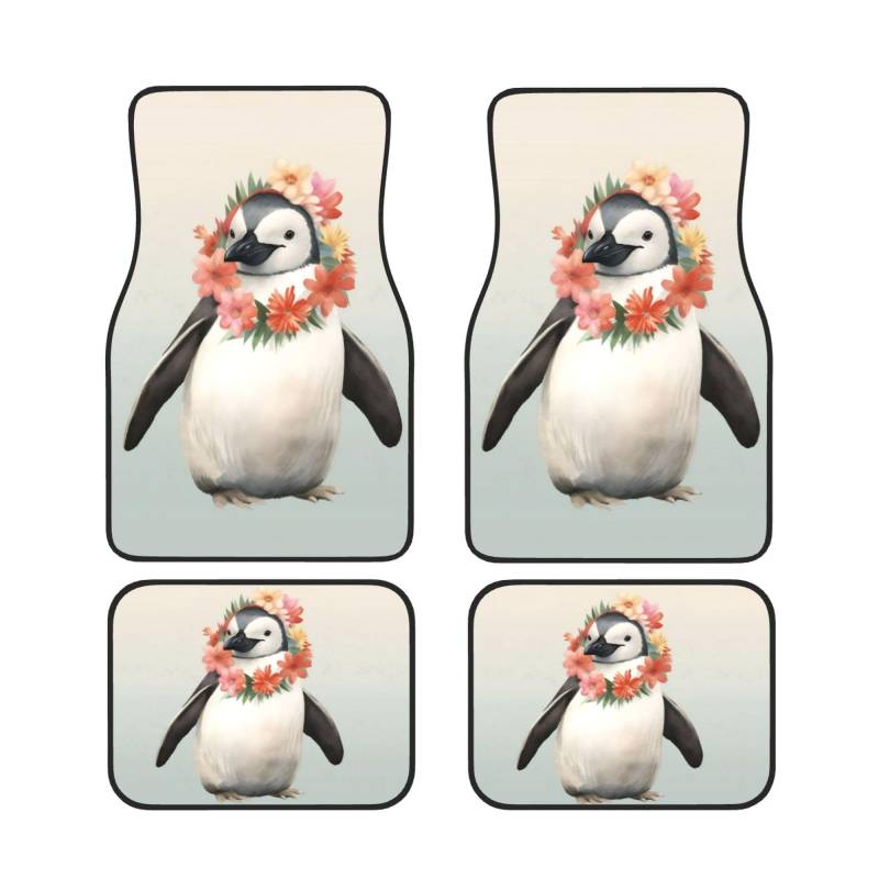 Pinguin trägt Blumen Universal Auto Fußmatten Auto Fußmatten Set von 4 Stück Automotive Front Rear Floor Mats Anti-Rutsch-Neopren Auto Fußmatten für SUVs, Limousinen, Van, LKW von BKTRAVERPT