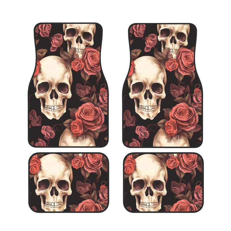 Rose Skull Universal Auto Fußmatten Auto Fußmatten Set von 4 Stück Automotive Front Rear Floor Fußmatten Anti-Rutsch-Neopren Auto Fußmatten für SUVs, Limousinen, Van, LKW von BKTRAVERPT