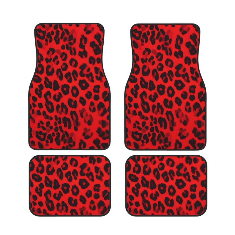 Rotes Leopardenmuster Universal Auto Fußmatten Set von 4 Stück Automotive Front Rear Floor Fußmatten Anti-Rutsch-Neopren Auto Fußmatten für SUVs, Limousinen, Van, LKW von BKTRAVERPT