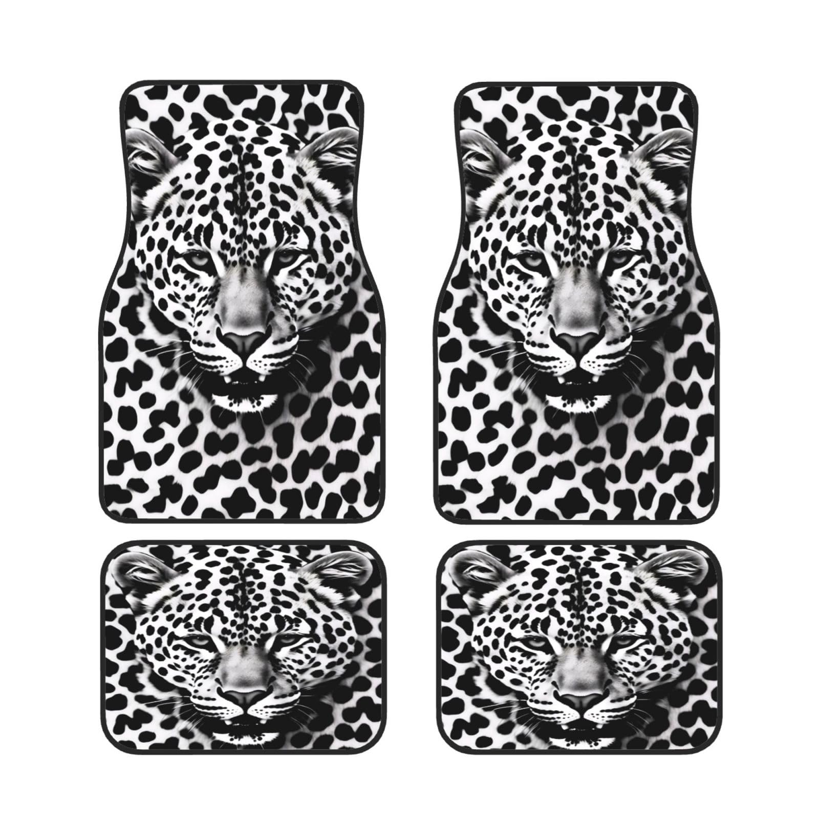 Schwarze und weiße Fußmatten mit Leopardenmuster, 4 Stück, für vorne und hinten, rutschfest, Neopren, für SUVs, Limousinen, Van, LKW Schwarze und weiße Fußmatten mit Leopardenmuster, 4 Stück, für vorne und hinten, rutschfest, Neopren, für SUVs, Limousinen, Van, LKW von BKTRAVERPT