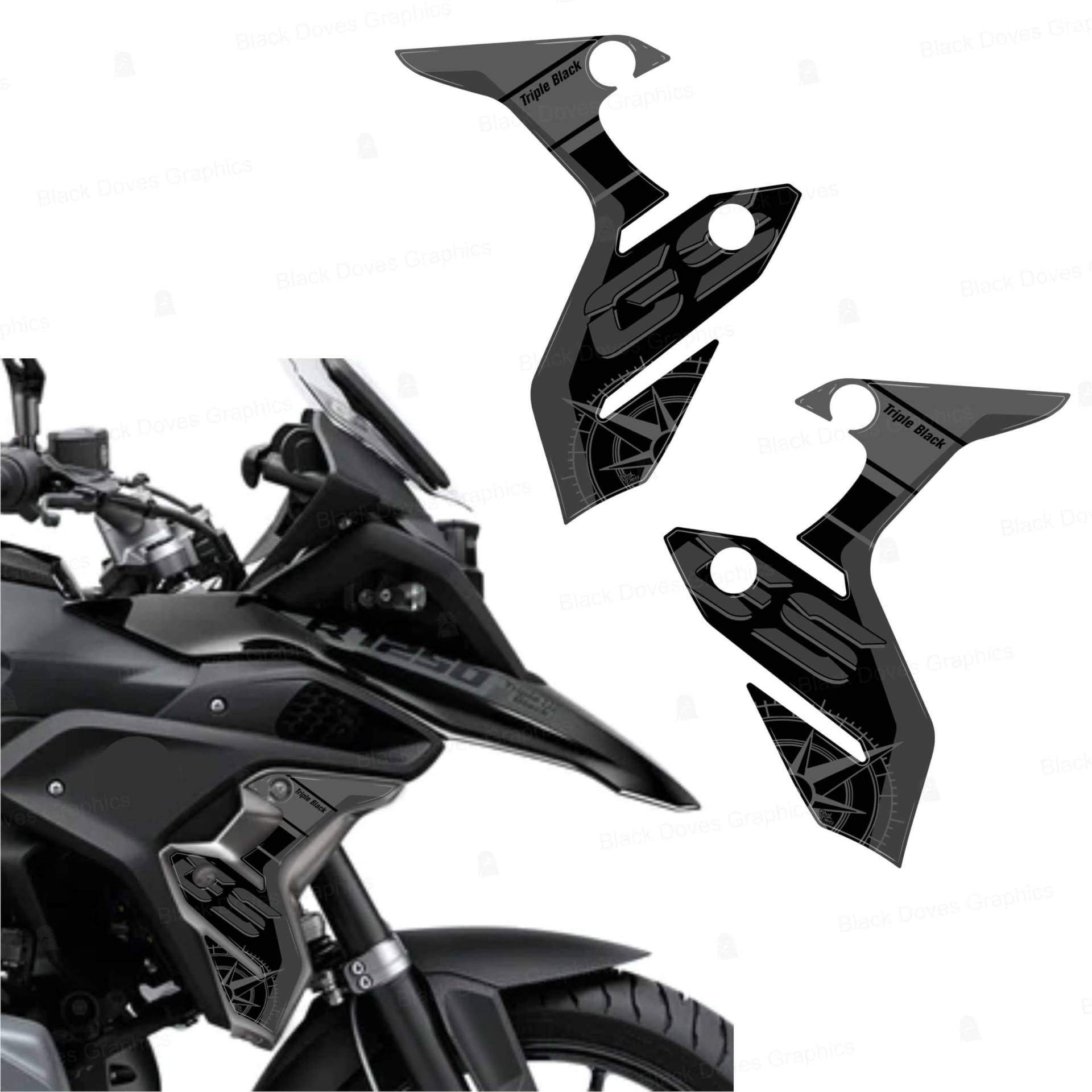 3D-Aufkleber für Seitenwände aus Aluminium, kompatibel mit Motorrad Motorrad R 1250 GS LC Standard Triple Black (dunkel) von BLACK DOVES GRAPHICS