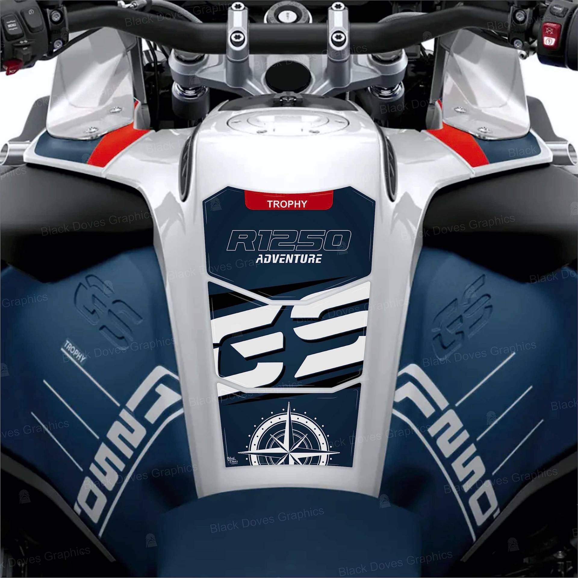 BLACK DOVES GRAPHICS Tankpad 3D kompatibel mit Motorrad R 1250 GS Adventure Trophy ab 2022 bis 2023 (Blau-Weiß) von BLACK DOVES GRAPHICS