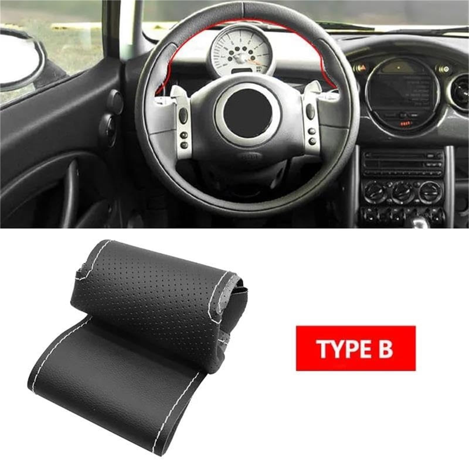 Lenkradschutz Für Mini Für Coupe 2001-2006 Für Cabrio 2004-2008 Für R50 R53 R60 Lenkradabdeckung Perforiertes Mikrofaserleder Auto-Lenkradbezug(B White line1) von BLBNEZBZTY