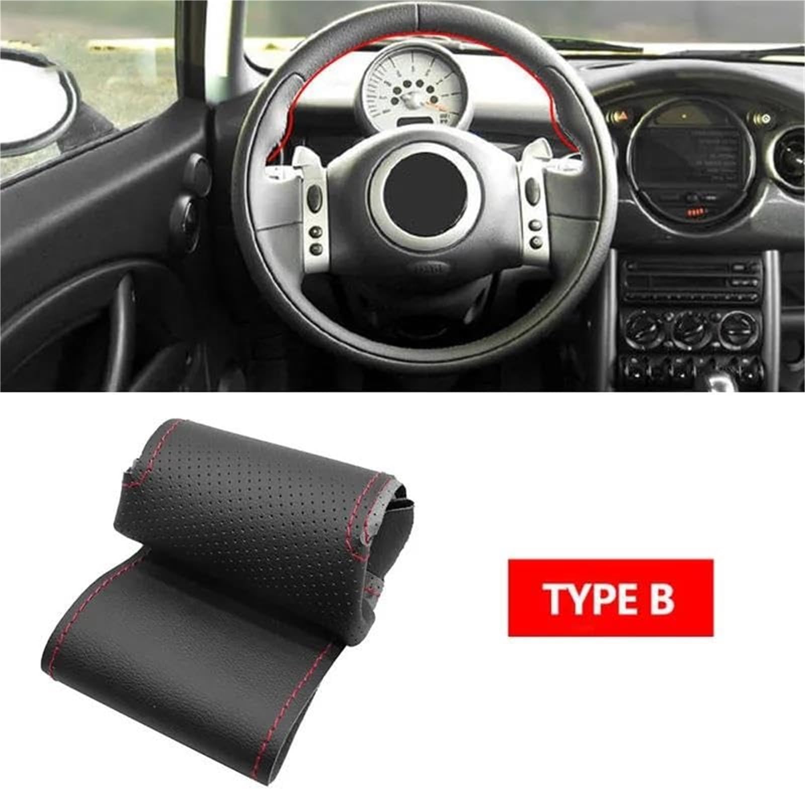 Lenkradschutz Für Mini Für Coupe 2001-2006 Für Cabrio 2004-2008 Für R50 R53 R60 Lenkradabdeckung Perforiertes Mikrofaserleder Auto-Lenkradbezug(B red line2) von BLBNEZBZTY