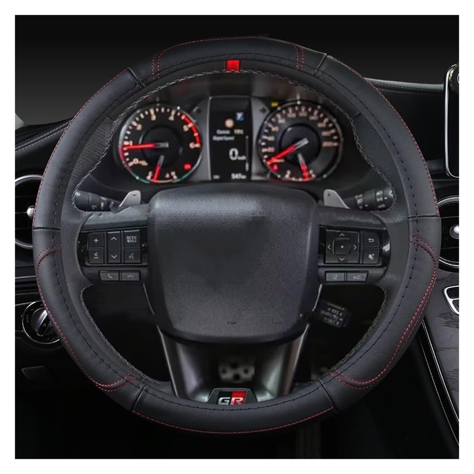 Lenkradschutz Für Toyota Für Hilux Für Pickup 1968~2023 Echtes Leder Auto Lenkrad Abdeckung Rindsleder Sport Lenkrad Abdeckung Auto-Lenkradbezug(B- Black Red10) von BLBNEZBZTY