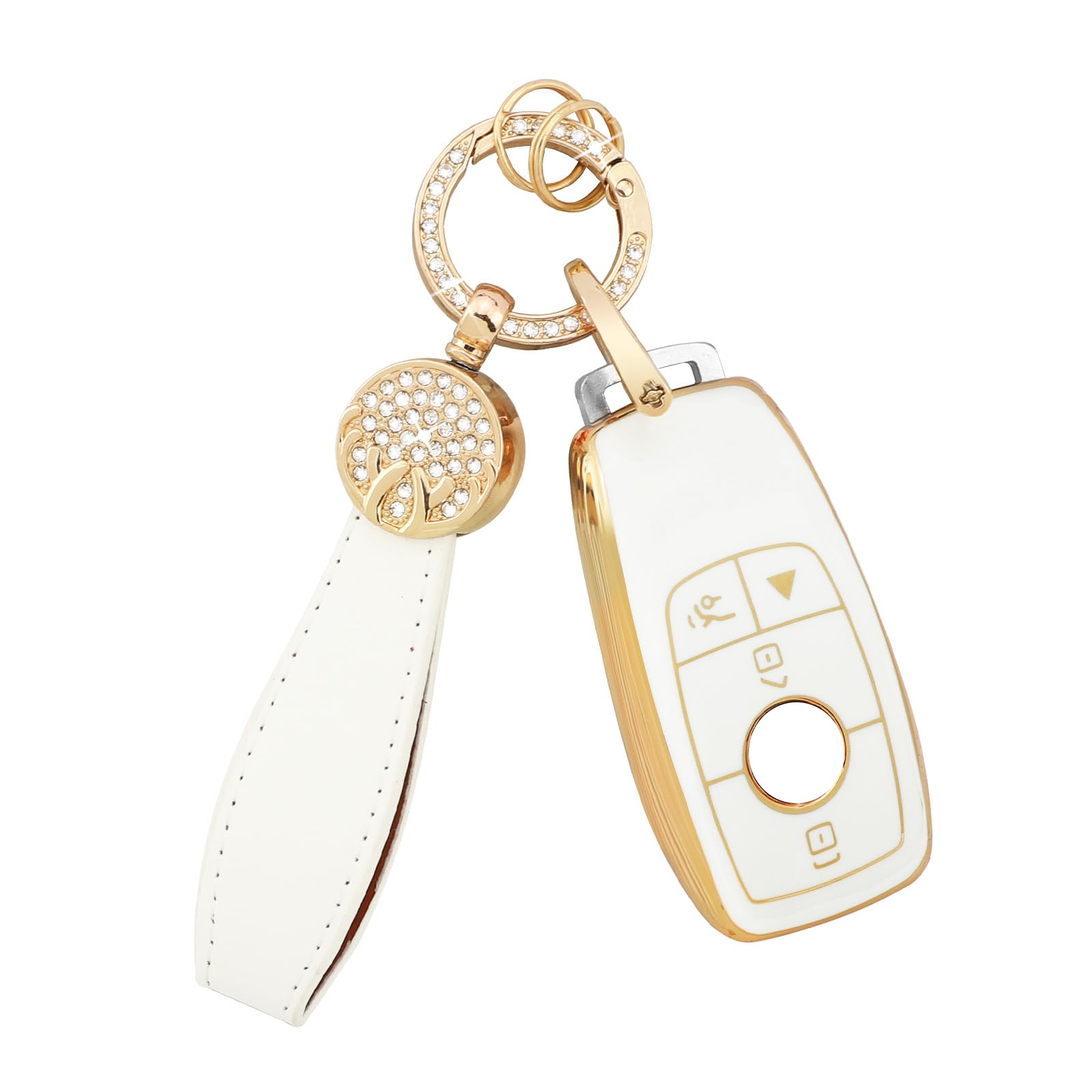 BLINGOOSE Autoschlüssel Hülle für Mercedes 4 Tasten TPU Car Schlüsselgehäuse Schutz Abdeckung Bling Keychain für Benz AMG A C E G S CLA GLA GLB GLE CLS GLS Girly Frauen Gold Weiss von BLINGOOSE