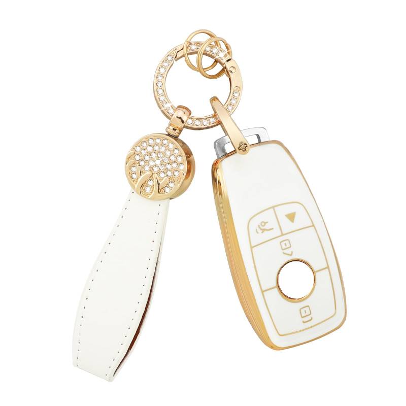 BLINGOOSE Autoschlüssel Hülle für Mercedes 4 Tasten TPU Car Schlüsselgehäuse Schutz Abdeckung Bling Keychain für Benz AMG A C E G S CLA GLA GLB GLE CLS GLS Girly Frauen Gold Weiss von BLINGOOSE