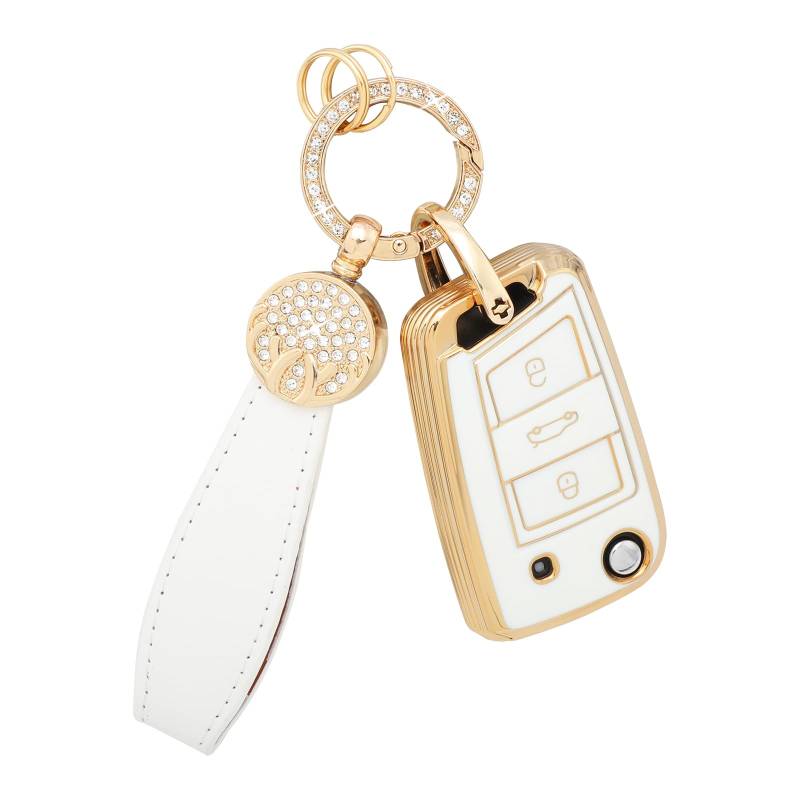 BLINGOOSE Autoschlüssel Hülle für VW Golf 7 MK7 Tiguan T ROC Cross Polo Touran Taigo Zubehör 3-Tasten Auto Schlüsselgehäuse Schutz Glitzer Schlüsselanhänger TPU Girly Frauen Weiss Gold von BLINGOOSE