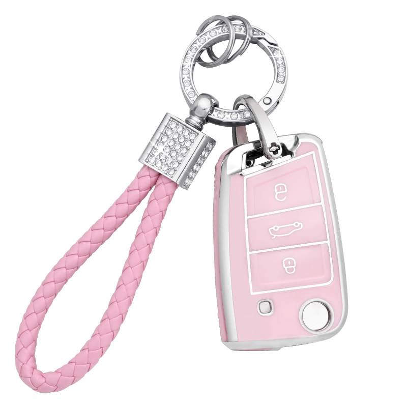 BLINGOOSE Rasa Schlüsselhülle für VW Volkswagen Golf 7 MK7 Polo Tiguan Touran T ROC Cross Taigo 3 Tasten Auto Schlüssel Cover Schlüsselgehäuse Glitzer Schlüsselanhänger Frauen Girly TPU von BLINGOOSE