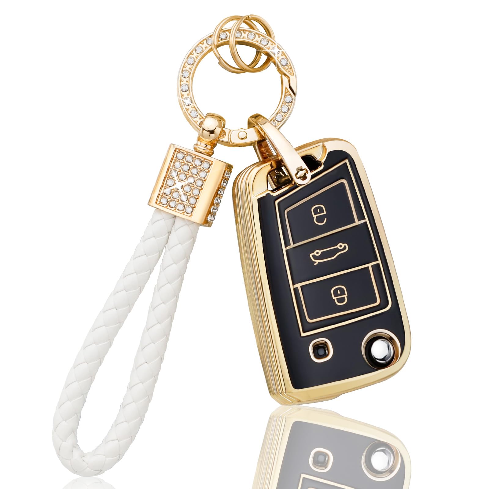 BLINGOOSE Schlüssel Hülle für VW Volkswagen Polo Tiguan Golf 7 MK7 Touran T ROC Cross Taigo 3 Tasten Auto Schlüsselcover Schlüsselbox Schlüsselgehäuse Zubehör Glitzer Keychain Schwarz Gold TPU BLINGOOSE Schlüssel Hülle für VW Volkswagen Polo Tiguan Golf 7 MK7 Touran T ROC Cross Taigo 3 Tasten Auto Schlüsselcover Schlüsselbox Schlüsselgehäuse Zubehör Glitzer Keychain Schwarz Gold TPU von BLINGOOSE