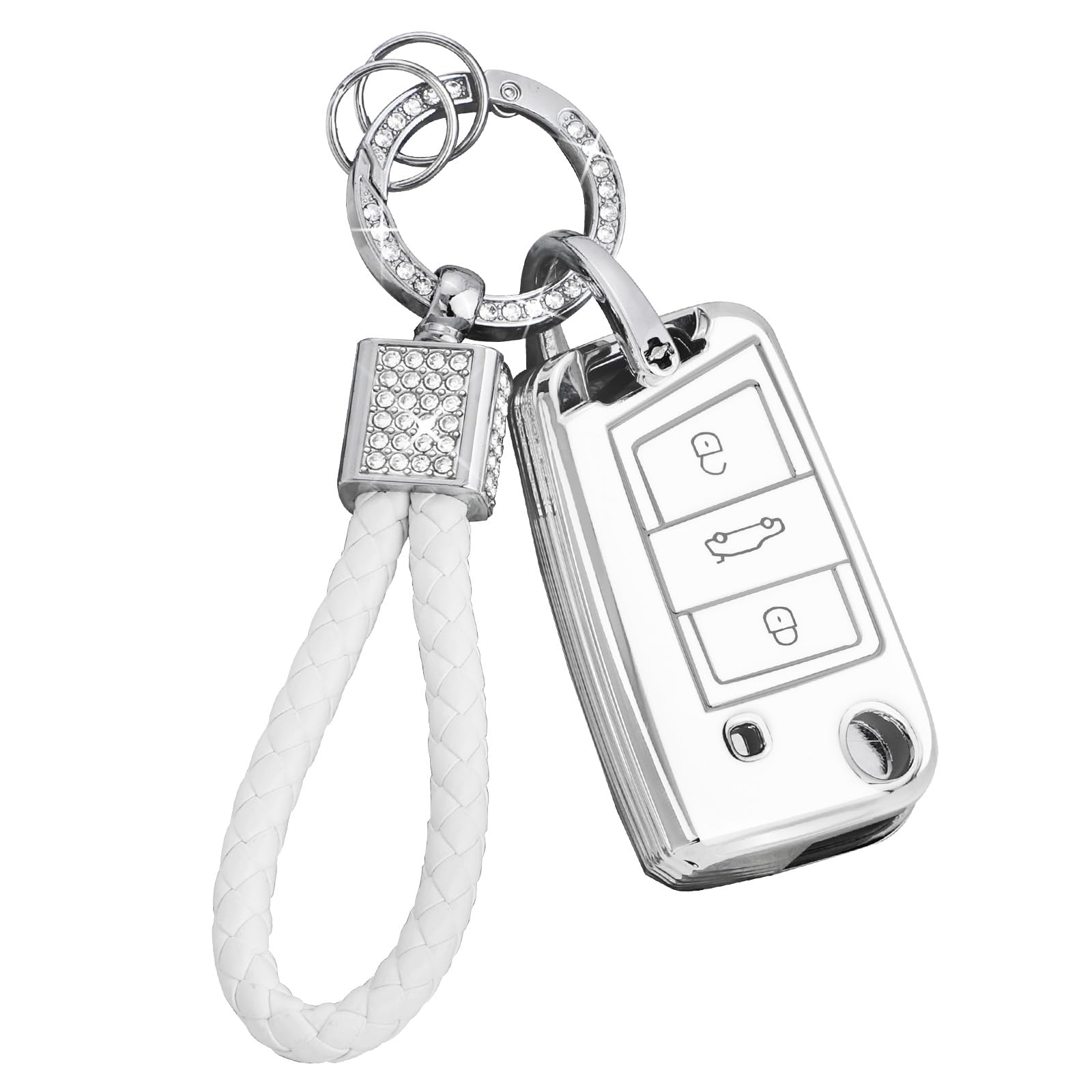 BLINGOOSE Schlüsselhülle Cover für VW Volkswagen Polo Golf 7 MK7 Tiguan Touran T ROC Cross Taigo 3 Tasten Auto Schlüsselcover Schlüsselgehäuse Glitzer Schlüsselanhänger Frauen Girly Weiß Silber TPU BLINGOOSE Schlüsselhülle Cover für VW Volkswagen Polo Golf 7 MK7 Tiguan Touran T ROC Cross Taigo 3 Tasten Auto Schlüsselcover Schlüsselgehäuse Glitzer Schlüsselanhänger Frauen Girly Weiß Silber TPU von BLINGOOSE