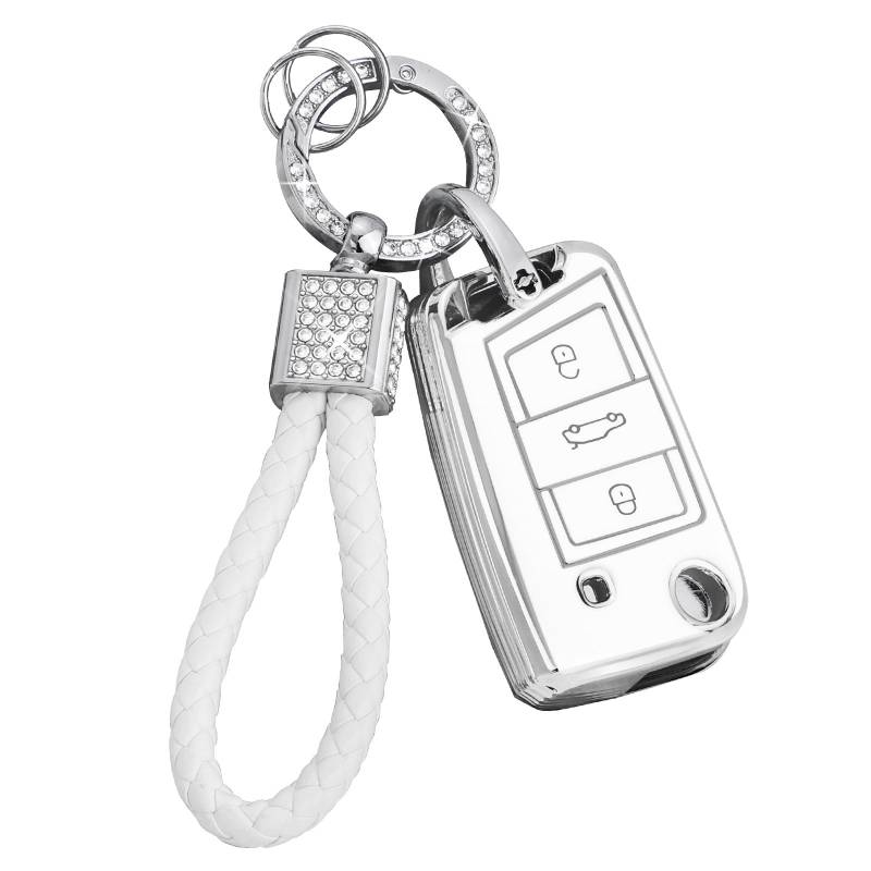 BLINGOOSE Schlüsselhülle Cover für VW Volkswagen Polo Golf 7 MK7 Tiguan Touran T ROC Cross Taigo 3 Tasten Auto Schlüsselcover Schlüsselgehäuse Glitzer Schlüsselanhänger Frauen Girly Weiß Silber TPU von BLINGOOSE
