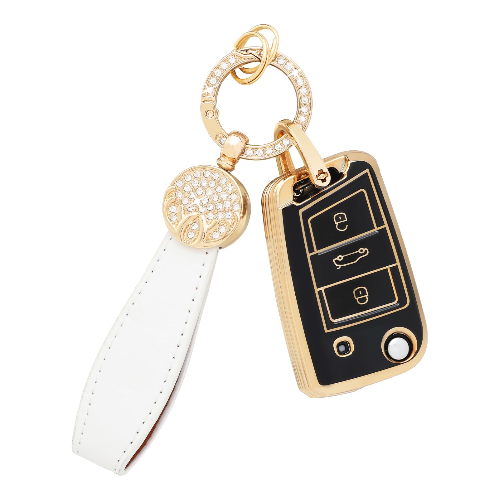 BLINGOOSE Schlüsselhülle für VW Volkswagen 3 Tasten Auto Schlüsselgehäuse Schutz Bling Keychain für VW Polo Tiguan Golf 7 MK7 T ROC Cross Touran Taigo Girly Frauen Schwarz Gold TPU von BLINGOOSE