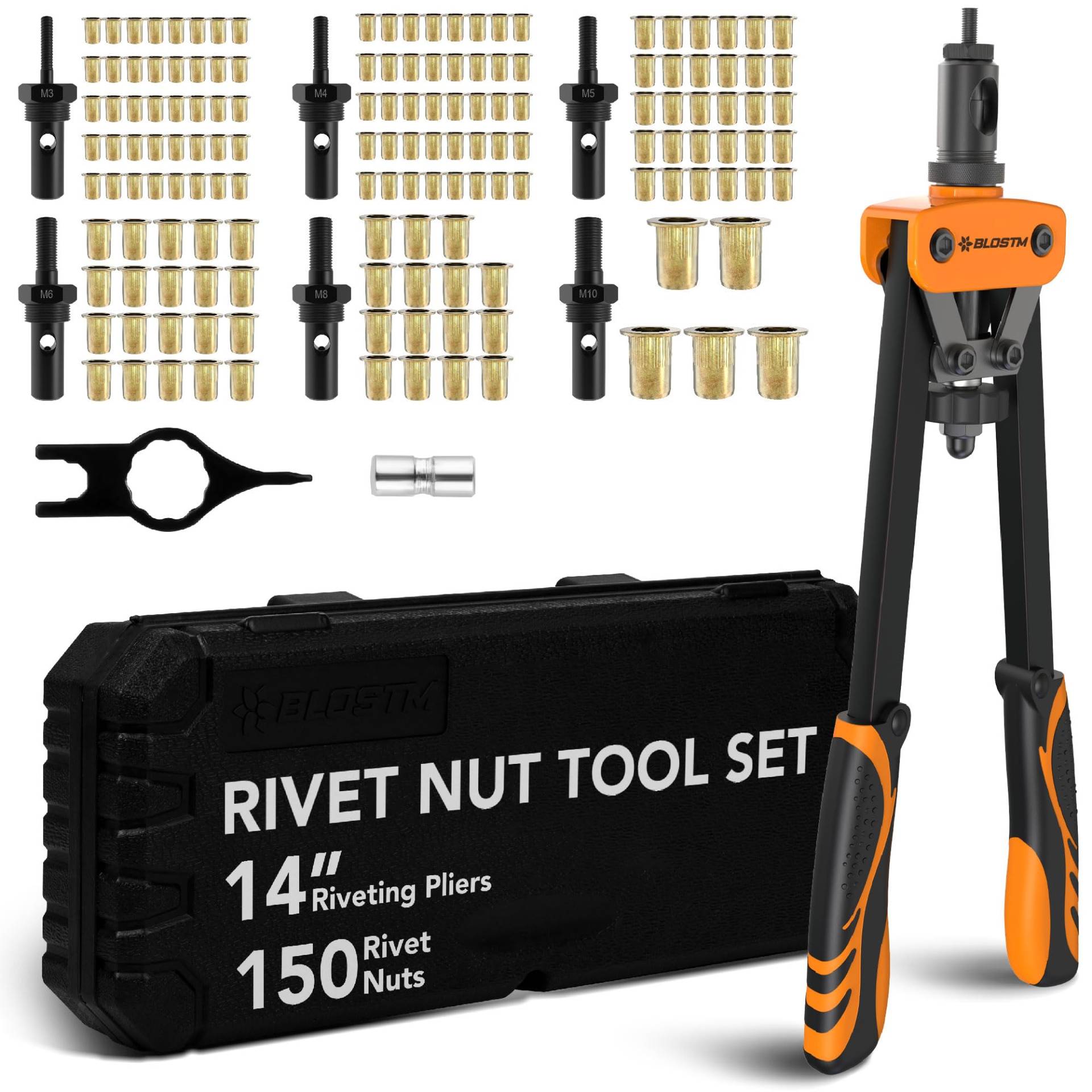 BLOSTM Nietpistolen-Set, Nietmuttern-Werkzeugset mit 150 Nietmuttern und 6 metrischen Dornen (M3, M4, M5, M6, M8, M10), robustes Hand-Nietmutter-Werkzeug-Set, ideal für Autoreparaturen, Heimwerker, von BLOSTM