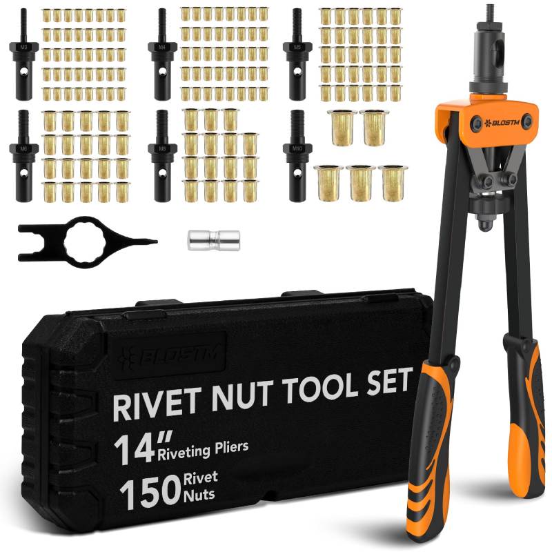 BLOSTM Nietpistolen-Set, Nietmuttern-Werkzeugset mit 150 Nietmuttern und 6 metrischen Dornen (M3, M4, M5, M6, M8, M10), robustes Hand-Nietmutter-Werkzeug-Set, ideal für Autoreparaturen, Heimwerker, von BLOSTM