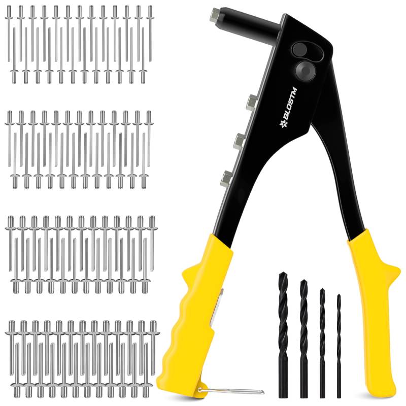 BLOSTM Pop-Nietpistolen-Set, 100 Stück Popnieten in 4 Größen (2,4 mm, 3,2 mm, 4 mm, 4,8 mm), 4 Nietnietzücke, 4 Bohrer, Handnietzange für Metall, Kunststoff, Autoreparaturen, Möbel (gelb) von BLOSTM