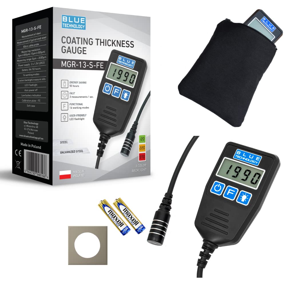 BLUE Technology Schichtdickenmessgerät Lackdickenmessgerät MGR-13-S-FE | Stahl Coating Thickness Gauge | Lacktester für Auto | Hergestellt in EU von BLUE Technology