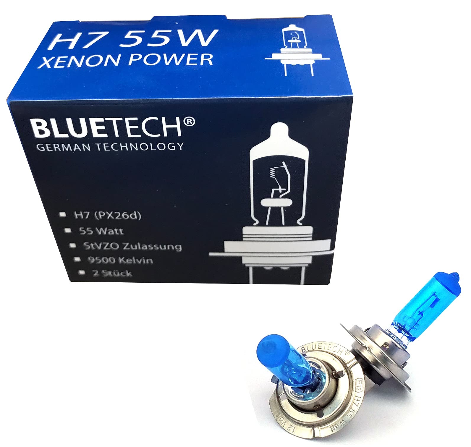 BLUETECH 2x PLUS H7 55W 9500K Xenon Effekt mit StVZO Zulassung.50% mehr Licht und XENON Effekt von BLUETECH