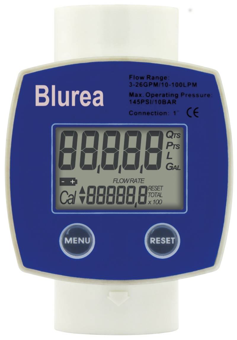 BLUREA Durchflussmesser digitales Zählwerk für AdBlue®, Anschluss 2x1" IG, misst bis zu 120 Liter pro Minute an Durchfluss, Arbeitsdruck 20 bar von BLUREA