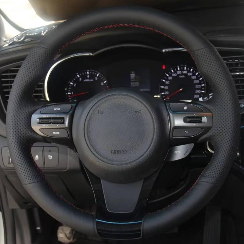 Lenkradschutz Für Kia K5 Für Optima 2014 2015 DIY Handgenähte Schwarze Hohe Weiche Kunstleder-Autolenkradabdeckung Lenkradschoner(Red Blue Thread) von BOHHO