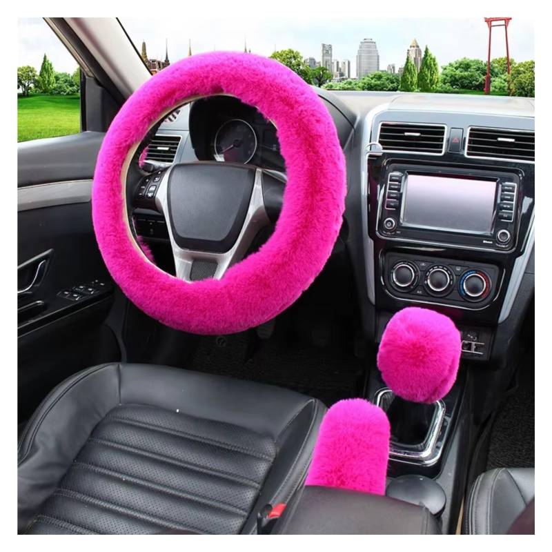 Lenkradschutz Pelz Auto Lenkradbezug Warm Winter Auto Handbremse Schalthebelbezug Dreiteiliges Set Heizung Lenkrad 38cm Lenkradschoner(Rose red) von BOHHO