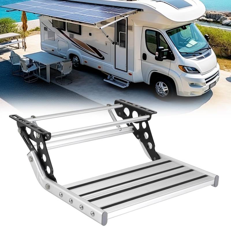BONJUME Trittstufe für wohnmobil, Manuelle Aluminiumlegierung klappbare einzelne Stufe Trittstufen Leiter ausziehbar 50,1x47,6x18,3cm Teleskoppedal Anti Rutsch für Wohnmobil RV Reiseanhänger Caravan von BONJUME