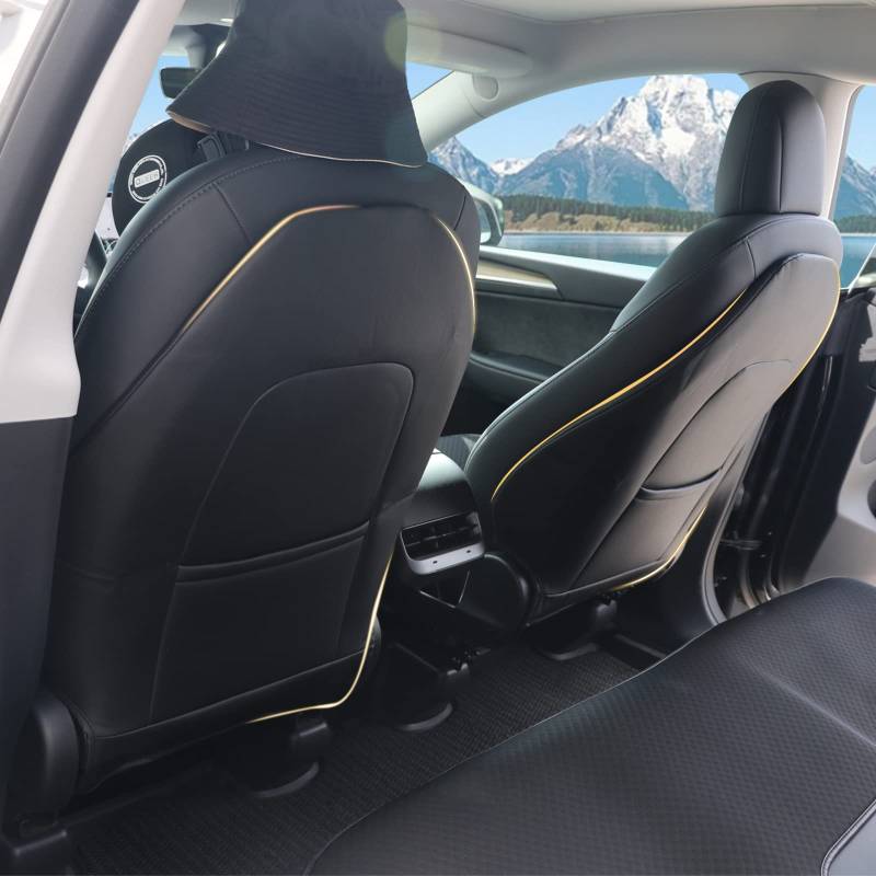BONRYAN Rücksitz Anti-Kick Leder Sitz zurück Kick Protektoren Kick Mats für Tesla Model 3/Y Satz von 2 (Schwarz) von BONRYAN
