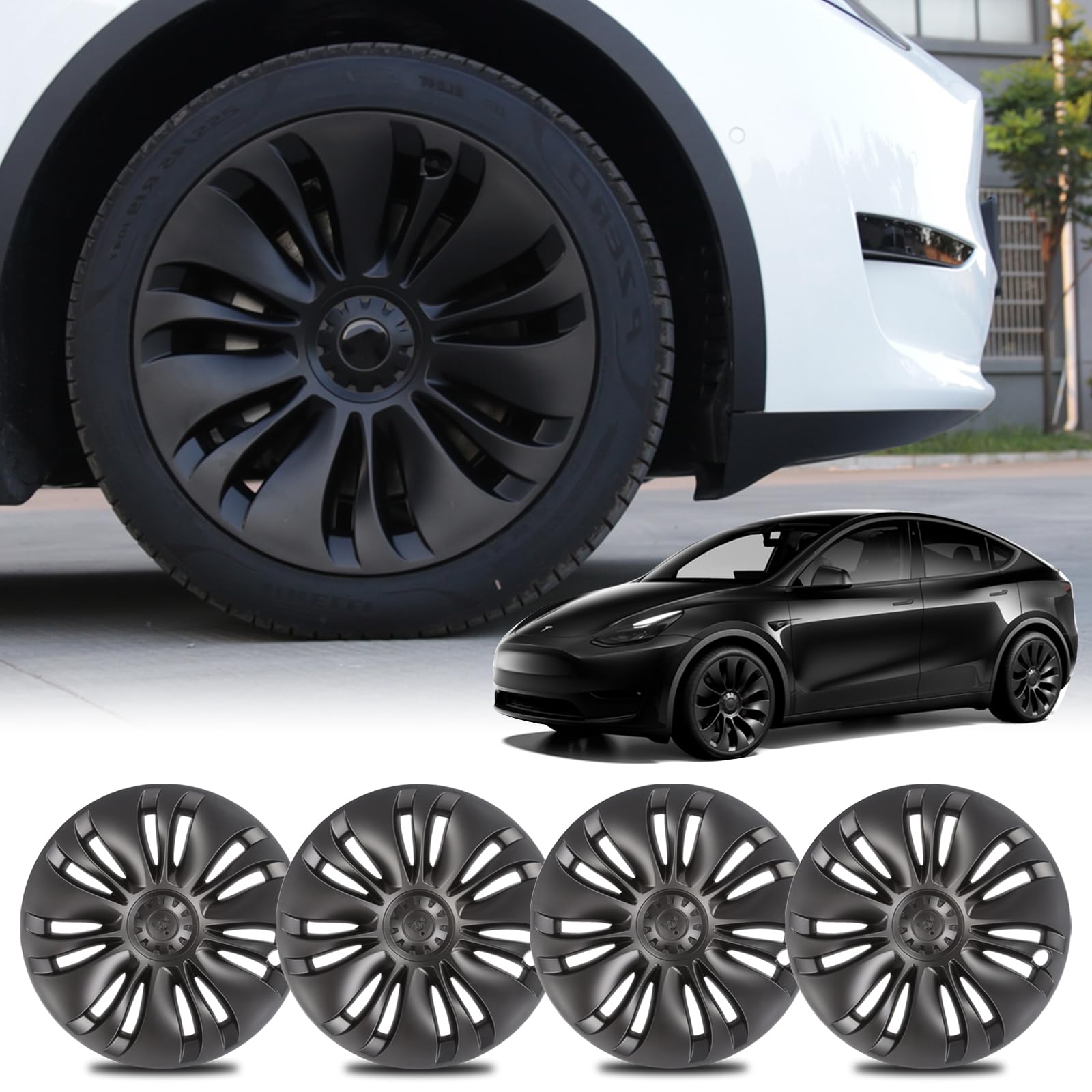 BONRYAN Tesla Model Y Zubehör Radabdeckung 19 Zoll Nabenkappe Radnabenabdeckungen Matt Schwarz 4er Set für 2021 2022 2023 Tesla Model Y Turbo Style von BONRYAN