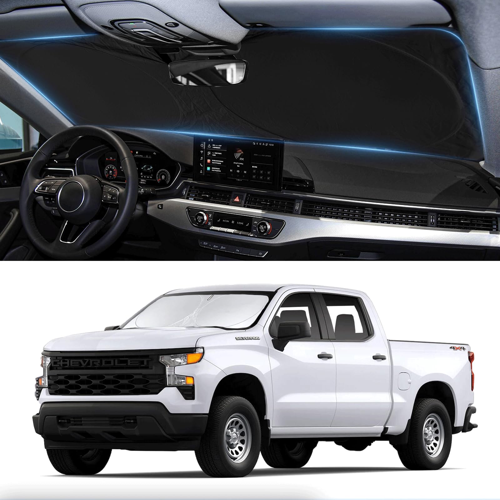 Silverado Windschutzscheiben-Sonnenschutz für 2019–2025 Chevy Silverado 1500 LKW-Zubehör, reguläre Fahrerkabine, Doppelkabine 2-Türer, 4-Türer, Windschutzscheibenabdeckung, 210T, reflektierender Silverado Windschutzscheiben-Sonnenschutz für 2019–2025 Chevy Silverado 1500 LKW-Zubehör, reguläre Fahrerkabine, Doppelkabine 2-Türer, 4-Türer, Windschutzscheibenabdeckung, 210T, reflektierender von BOODANCARS