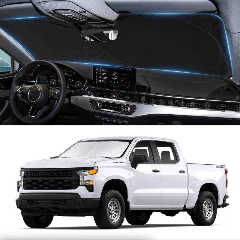 Silverado Windschutzscheiben-Sonnenschutz für 2019–2025 Chevy Silverado 1500 LKW-Zubehör, reguläre Fahrerkabine, Doppelkabine 2-Türer, 4-Türer, Windschutzscheibenabdeckung, 210T, reflektierender von BOODANCARS
