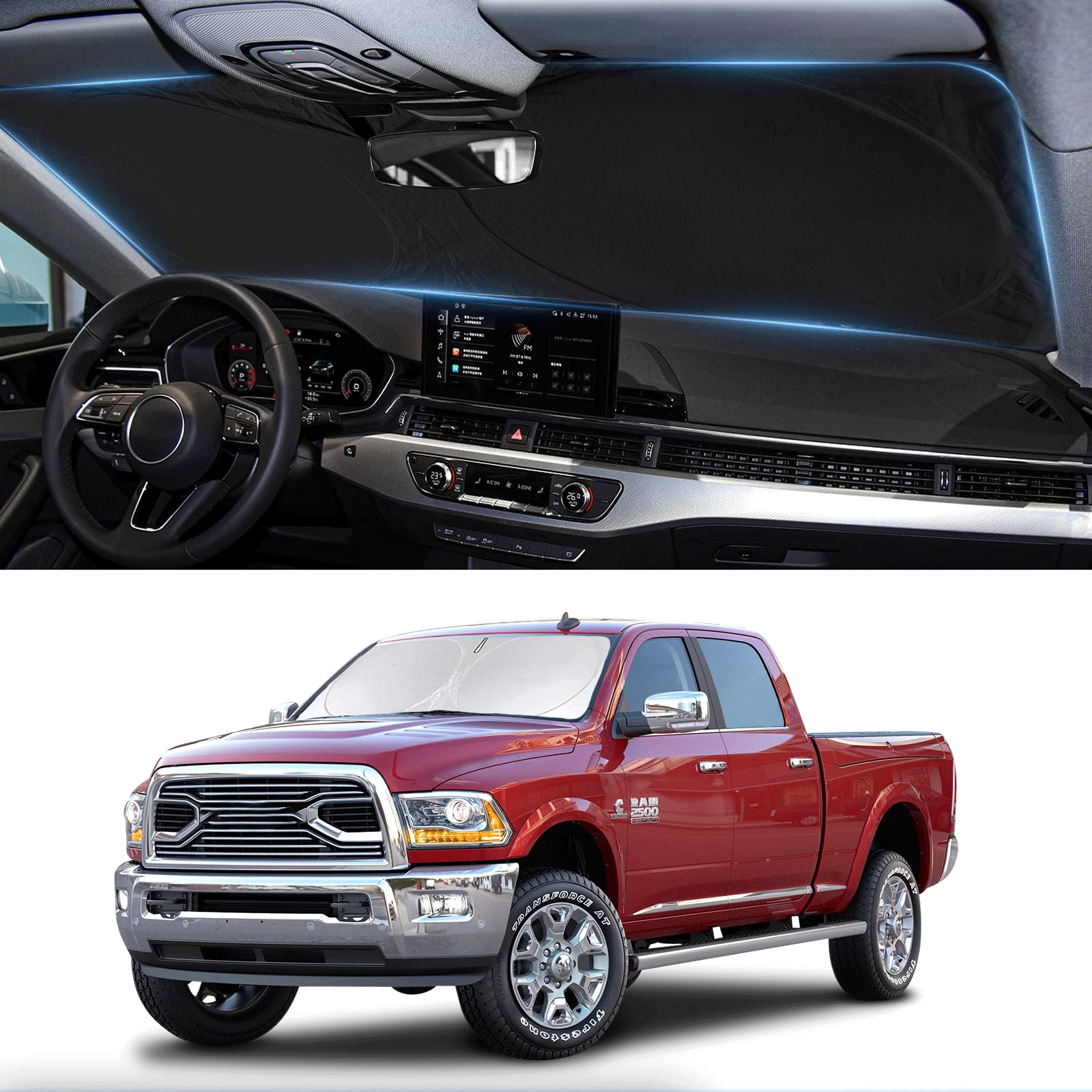 Sonnenschutz für RAM 2500 Windschutzscheibe, Sonnenschutz für Dodge RAM 2500 3500 2025 2025 2025 2024–2010, LKW-Zubehör, faltbare Frontscheibenabdeckung, Sonnenblende, Schutz, blockiert UV-Strahlen Sonnenschutz für RAM 2500 Windschutzscheibe, Sonnenschutz für Dodge RAM 2500 3500 2025 2025 2025 2024–2010, LKW-Zubehör, faltbare Frontscheibenabdeckung, Sonnenblende, Schutz, blockiert UV-Strahlen von BOODANCARS