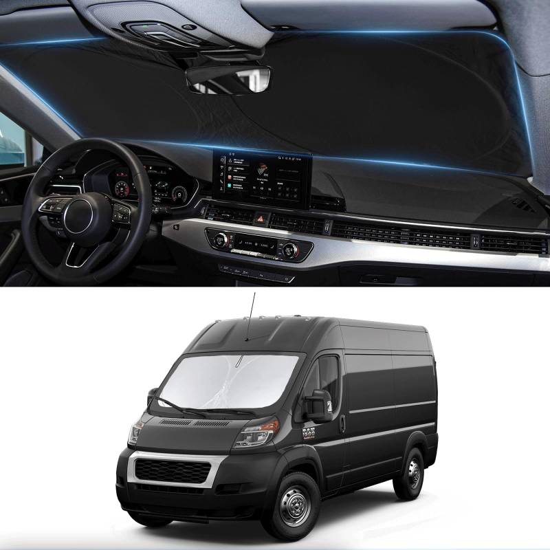 Sonnenschutz für RAM ProMaster Windschutzscheibe Sonnenschutz für Dodge RAM ProMaster 2014–2024 2025 Zubehör in voller Größe Cargo Van Chassis Cab Cutaway Faltbare Frontscheibe Schild Sonnenblende von BOODANCARS