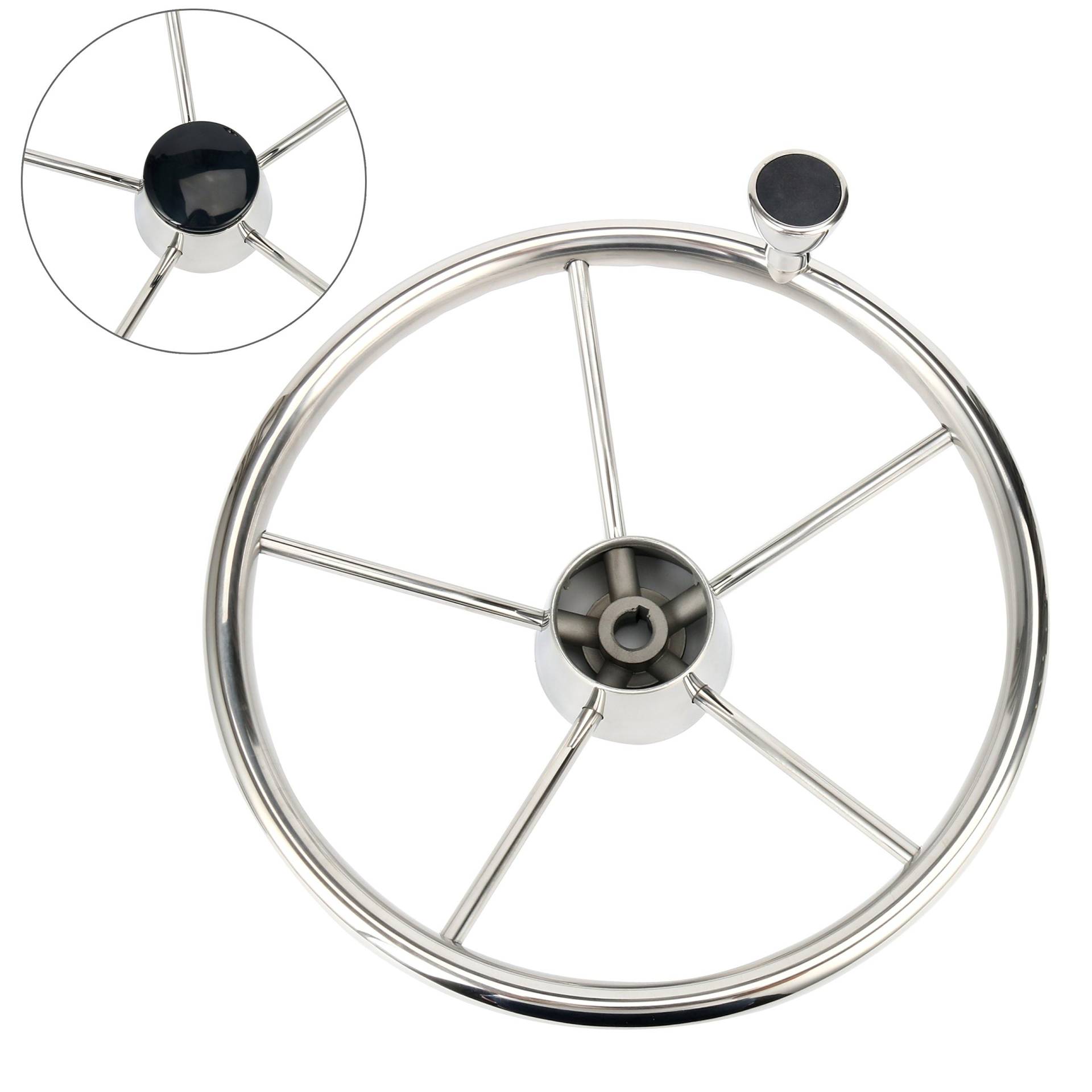 BOOMSTART Bootslenkrad Steuerrad 5 Speichen Ø 343 mm (13 1/2 Zoll) Silber mit schwarzer Kappe und Knopf der Größe M, für Pontonboot, Yacht Universal von BOOMSTART
